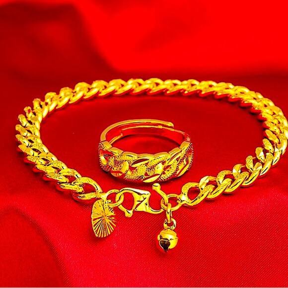 Gold Plated 18K Chain Link Bracelet Matching Ring Set - Picture 2 of 7